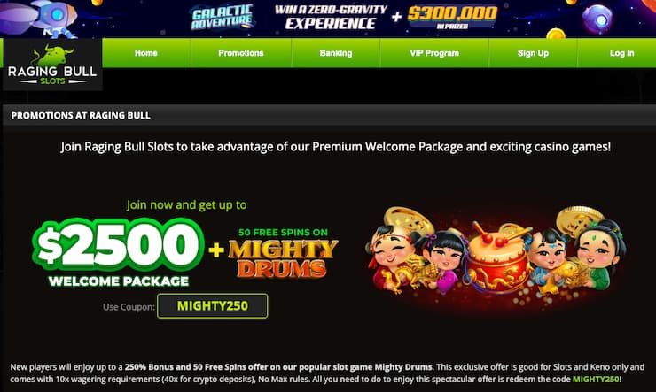 An image of the bonuses section at Raging Bull, one of the best sites for blackjack bonuses.